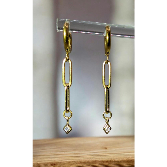 Handmade Jewelry - Gold Tone Paperclip Chain Huggie Earrings Gold Ion-Plated Stainless Steel Hoops